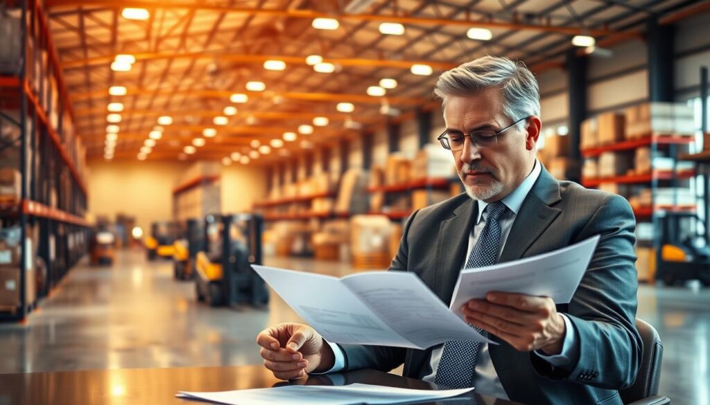 A modern warehouse interior with an executive-style office in the foreground. The office is well-lit with warm, directional lighting from large windows overlooking the warehouse floor. A middle-aged man in a suit is seated at a desk, intently reviewing financial documents. The warehouse in the background is organized and efficient, with rows of shelving, forklifts, and workers moving inventory. The overall scene conveys the responsibilities and decision-making authority of a warehouse manager, set against the practical demands of their workplace. The lighting, composition, and attention to detail create a professional, authoritative atmosphere. A modern warehouse interior with an executive-style office in the foreground. The office is well-lit with warm, directional lighting from large windows overlooking the warehouse floor. A middle-aged man in a suit is seated at a desk, intently reviewing financial documents. The warehouse in the background is organized and efficient, with rows of shelving, forklifts, and workers moving inventory. The overall scene conveys the responsibilities and decision-making authority of a warehouse manager, set against the practical demands of their workplace. The lighting, composition, and attention to detail create a professional, authoritative atmosphere.