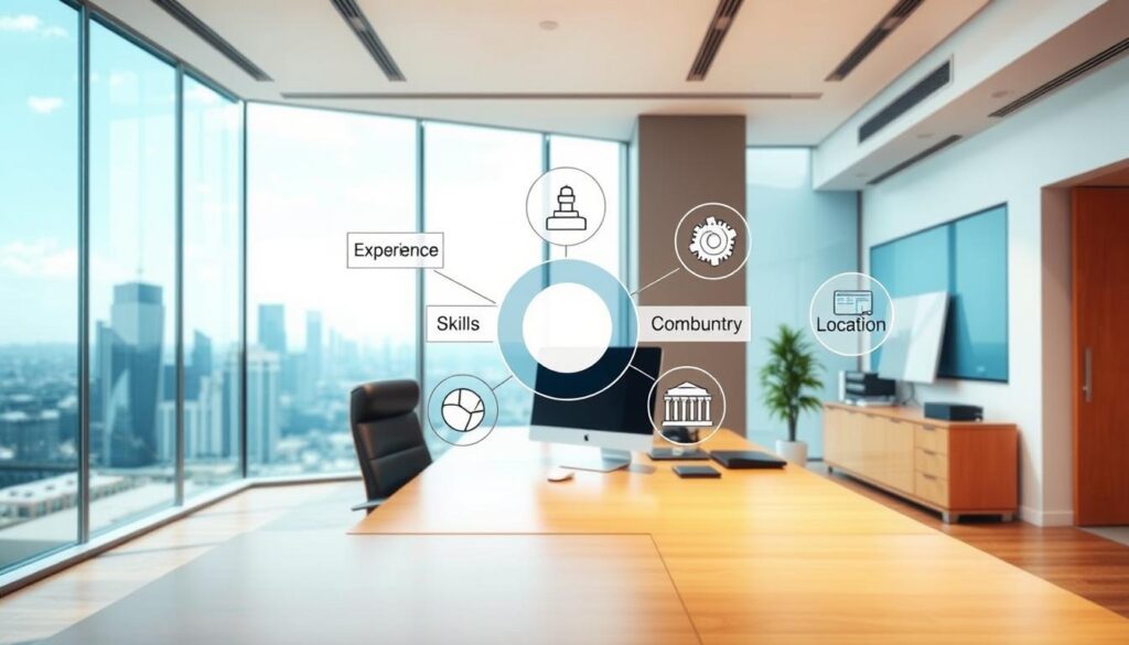A modern, well-lit office setting with a large desk and computer equipment in the foreground. In the middle ground, various visual metaphors representing factors influencing compensation, such as experience, skills, industry, location, and company policies. The background features a city skyline visible through floor-to-ceiling windows, evoking a professional, corporate atmosphere. The lighting is natural and balanced, creating a warm and productive mood. The camera angle is slightly elevated, giving a broad, comprehensive view of the scene. A modern, well-lit office setting with a large desk and computer equipment in the foreground. In the middle ground, various visual metaphors representing factors influencing compensation, such as experience, skills, industry, location, and company policies. The background features a city skyline visible through floor-to-ceiling windows, evoking a professional, corporate atmosphere. The lighting is natural and balanced, creating a warm and productive mood. The camera angle is slightly elevated, giving a broad, comprehensive view of the scene.