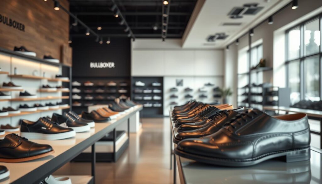 A modern, well-lit online store interior featuring the Bullboxer brand of shoes. In the foreground, display shelves showcase a variety of Bullboxer shoe styles, from casual sneakers to formal leather oxfords, all shot with a shallow depth of field. The middle ground shows a clean, minimalist layout with subtle branding elements, while the background reveals large windows allowing natural light to flood the space. The overall atmosphere is one of sophistication and quality, befitting the Bullboxer brand. A modern, well-lit online store interior featuring the Bullboxer brand of shoes. In the foreground, display shelves showcase a variety of Bullboxer shoe styles, from casual sneakers to formal leather oxfords, all shot with a shallow depth of field. The middle ground shows a clean, minimalist layout with subtle branding elements, while the background reveals large windows allowing natural light to flood the space. The overall atmosphere is one of sophistication and quality, befitting the Bullboxer brand.