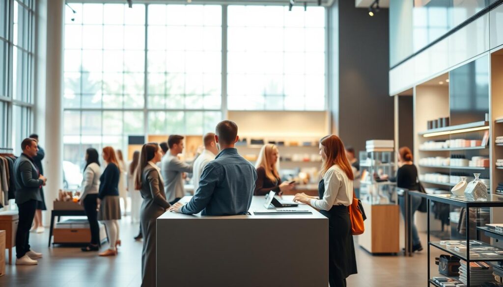 A modern, well-lit retail store interior with a vibrant and professional atmosphere. In the foreground, a group of diverse retail salespeople stand behind a sleek, minimalist counter, engaged in conversation with customers. The middle ground showcases various merchandise displays, showcasing a range of products. The background features large windows allowing natural light to pour in, creating a bright and airy ambiance. The overall scene conveys a sense of efficiency, customer service, and a thriving retail environment. The lighting is soft and even, with a slightly warm color temperature, creating a welcoming and inviting atmosphere. A modern, well-lit retail store interior with a vibrant and professional atmosphere. In the foreground, a group of diverse retail salespeople stand behind a sleek, minimalist counter, engaged in conversation with customers. The middle ground showcases various merchandise displays, showcasing a range of products. The background features large windows allowing natural light to pour in, creating a bright and airy ambiance. The overall scene conveys a sense of efficiency, customer service, and a thriving retail environment. The lighting is soft and even, with a slightly warm color temperature, creating a welcoming and inviting atmosphere.