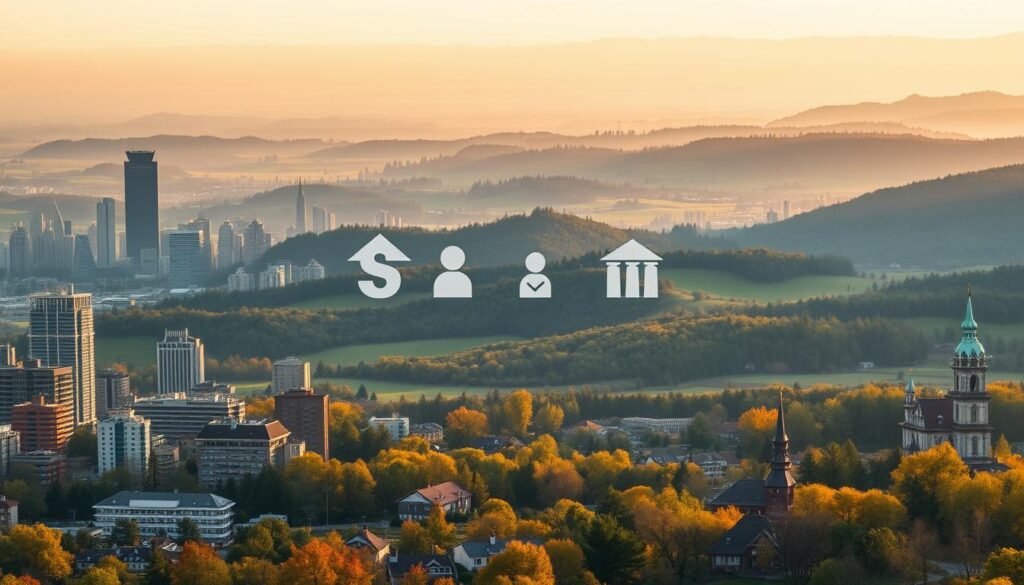 A panoramic landscape showcasing the regional wage disparities among landscape architects in Poland. In the foreground, a bustling urban skyline with towering skyscrapers juxtaposed against a tranquil rural setting of rolling hills, lush forests, and quaint villages. The middle ground reveals a visual representation of the salary differences, with larger icons or symbols representing higher-paying jobs in the cities, and smaller icons signifying lower wages in the countryside. The background is bathed in warm, golden-hour lighting, creating a sense of balance and harmony, despite the economic contrasts. The overall composition conveys the theme of "Gdzie zarabia się więcej: różnice regionalne i miejsko-wiejskie" in a visually striking and informative manner. A panoramic landscape showcasing the regional wage disparities among landscape architects in Poland. In the foreground, a bustling urban skyline with towering skyscrapers juxtaposed against a tranquil rural setting of rolling hills, lush forests, and quaint villages. The middle ground reveals a visual representation of the salary differences, with larger icons or symbols representing higher-paying jobs in the cities, and smaller icons signifying lower wages in the countryside. The background is bathed in warm, golden-hour lighting, creating a sense of balance and harmony, despite the economic contrasts. The overall composition conveys the theme of "Gdzie zarabia się więcej: różnice regionalne i miejsko-wiejskie" in a visually striking and informative manner.