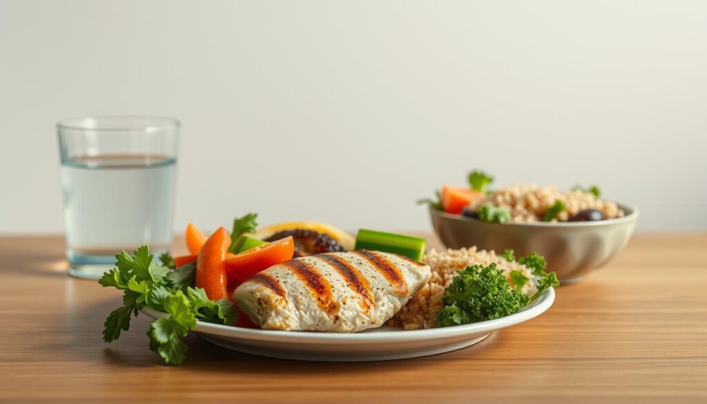 A photo-realistic image of a healthy meal laid out on a table against a plain backdrop. In the foreground, a plate with a balanced combination of grilled chicken, steamed vegetables, and a side of brown rice. Beside it, a glass of water and a small salad. The lighting is soft and natural, creating a warm, appetizing atmosphere. The focus is on the food, emphasizing its nutritional value and suitability for drivers on the road. The composition is clean and uncluttered, allowing the subject to take center stage. A photo-realistic image of a healthy meal laid out on a table against a plain backdrop. In the foreground, a plate with a balanced combination of grilled chicken, steamed vegetables, and a side of brown rice. Beside it, a glass of water and a small salad. The lighting is soft and natural, creating a warm, appetizing atmosphere. The focus is on the food, emphasizing its nutritional value and suitability for drivers on the road. The composition is clean and uncluttered, allowing the subject to take center stage.