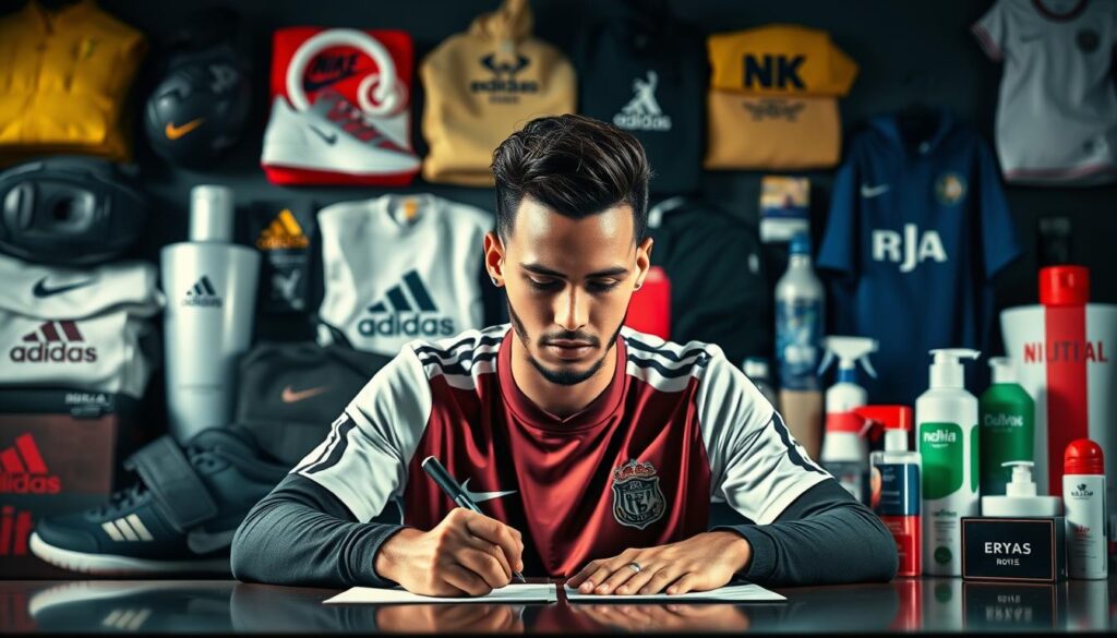 A photorealistic image of Neymar's sponsorship and commercial contracts, showcasing his lucrative off-field earnings. The scene depicts Neymar signing a contract against a backdrop of various branded products and apparel, including sports equipment, luxury items, and personal care products. The lighting is dramatic, with directional lighting casting shadows and highlights on the subject, creating a sense of depth and dimension. The overall composition is balanced and visually appealing, emphasizing the high-profile nature of Neymar's sponsorship deals and the significant financial opportunities they present for the renowned football player. A photorealistic image of Neymar's sponsorship and commercial contracts, showcasing his lucrative off-field earnings. The scene depicts Neymar signing a contract against a backdrop of various branded products and apparel, including sports equipment, luxury items, and personal care products. The lighting is dramatic, with directional lighting casting shadows and highlights on the subject, creating a sense of depth and dimension. The overall composition is balanced and visually appealing, emphasizing the high-profile nature of Neymar's sponsorship deals and the significant financial opportunities they present for the renowned football player.