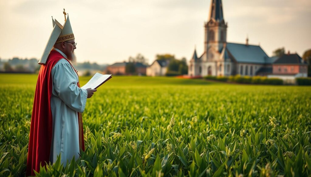 A picturesque pastoral scene depicting the leasing of church-owned farmland. In the foreground, a priest in traditional garb stands amidst a lush green field, discussing the terms of a land lease agreement with a local farmer. In the middle ground, rows of crops sway gently in the breeze, hinting at the productivity of the land. The background showcases the steeple of a grand church, its ornate architecture casting an aura of historical significance over the proceedings. The lighting is soft and golden, evoking a sense of timelessness. The overall composition conveys the centuries-old practice of churches generating income through the rental of their agricultural holdings, a crucial revenue stream for sustaining their operations and ministries. A picturesque pastoral scene depicting the leasing of church-owned farmland. In the foreground, a priest in traditional garb stands amidst a lush green field, discussing the terms of a land lease agreement with a local farmer. In the middle ground, rows of crops sway gently in the breeze, hinting at the productivity of the land. The background showcases the steeple of a grand church, its ornate architecture casting an aura of historical significance over the proceedings. The lighting is soft and golden, evoking a sense of timelessness. The overall composition conveys the centuries-old practice of churches generating income through the rental of their agricultural holdings, a crucial revenue stream for sustaining their operations and ministries.