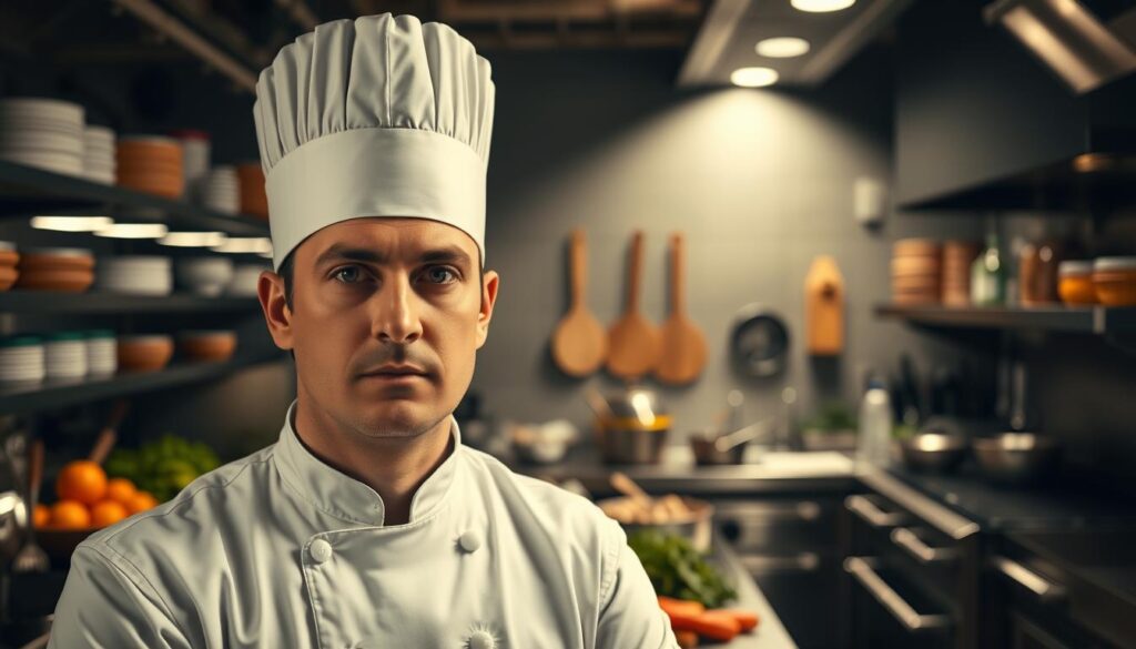 A professional chef in a crisp white uniform, standing tall and proud in a well-equipped kitchen. The foreground features the chef's face in sharp focus, revealing a determined expression and keen eyes scanning the culinary workspace. The middle ground showcases a variety of fresh ingredients, cookware, and modern appliances, conveying the chef's mastery of their craft. The background is dimly lit, casting dramatic shadows and highlighting the chef's presence as the centerpiece of the scene. The lighting is warm and even, creating a sense of warmth and expertise. Captured with a medium-wide angle lens to emphasize the chef's authoritative stance and the scope of the kitchen environment. A professional chef in a crisp white uniform, standing tall and proud in a well-equipped kitchen. The foreground features the chef's face in sharp focus, revealing a determined expression and keen eyes scanning the culinary workspace. The middle ground showcases a variety of fresh ingredients, cookware, and modern appliances, conveying the chef's mastery of their craft. The background is dimly lit, casting dramatic shadows and highlighting the chef's presence as the centerpiece of the scene. The lighting is warm and even, creating a sense of warmth and expertise. Captured with a medium-wide angle lens to emphasize the chef's authoritative stance and the scope of the kitchen environment.