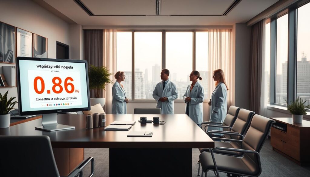 A professional, clean-cut office interior with modern furniture and sleek decor. A large desk in the foreground holds a computer monitor displaying a data visualization of the "współczynnik 0,86 ochrona zdrowia" statistic. The middle ground features a team of medical professionals in white coats engaged in a thoughtful discussion. The background shows a window with a cityscape view, bathed in warm, soft lighting that creates a contemplative atmosphere. The overall scene conveys a sense of collaboration, data-driven decision making, and the importance of healthcare policy in Poland. A professional, clean-cut office interior with modern furniture and sleek decor. A large desk in the foreground holds a computer monitor displaying a data visualization of the "współczynnik 0,86 ochrona zdrowia" statistic. The middle ground features a team of medical professionals in white coats engaged in a thoughtful discussion. The background shows a window with a cityscape view, bathed in warm, soft lighting that creates a contemplative atmosphere. The overall scene conveys a sense of collaboration, data-driven decision making, and the importance of healthcare policy in Poland.