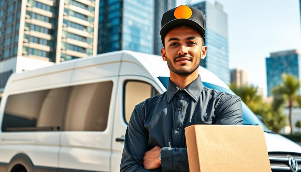 A professional courier in a modern urban setting, dressed in a crisp uniform, standing in front of a sleek delivery van. The courier has a confident, determined expression, conveying a sense of efficiency and reliability. The background features a cityscape with tall modern buildings, suggesting a prosperous, technologically-advanced environment. The lighting is bright and natural, casting subtle shadows that accentuate the details of the scene. The image should evoke a sense of the courier's role and the financial aspects of their work in the year 2025. A professional courier in a modern urban setting, dressed in a crisp uniform, standing in front of a sleek delivery van. The courier has a confident, determined expression, conveying a sense of efficiency and reliability. The background features a cityscape with tall modern buildings, suggesting a prosperous, technologically-advanced environment. The lighting is bright and natural, casting subtle shadows that accentuate the details of the scene. The image should evoke a sense of the courier's role and the financial aspects of their work in the year 2025.