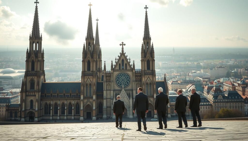 A serene and authoritative scene depicting the complex relationship between the Polish state and the Catholic Church. In the foreground, a grand cathedral stands tall, its ornate spires and intricate architecture commanding attention. Sunlight filters through stained glass windows, casting a warm, reverent glow. In the middle ground, a line of government officials, dressed in formal attire, approach the church's entrance, symbolizing the interplay between the secular and the sacred. In the background, a sprawling city skyline, a mosaic of modern buildings and historic landmarks, represents the broader societal context. The composition conveys a sense of balance, power, and the delicate balance between the two institutions, as they shape the lives of the Polish people. A serene and authoritative scene depicting the complex relationship between the Polish state and the Catholic Church. In the foreground, a grand cathedral stands tall, its ornate spires and intricate architecture commanding attention. Sunlight filters through stained glass windows, casting a warm, reverent glow. In the middle ground, a line of government officials, dressed in formal attire, approach the church's entrance, symbolizing the interplay between the secular and the sacred. In the background, a sprawling city skyline, a mosaic of modern buildings and historic landmarks, represents the broader societal context. The composition conveys a sense of balance, power, and the delicate balance between the two institutions, as they shape the lives of the Polish people.