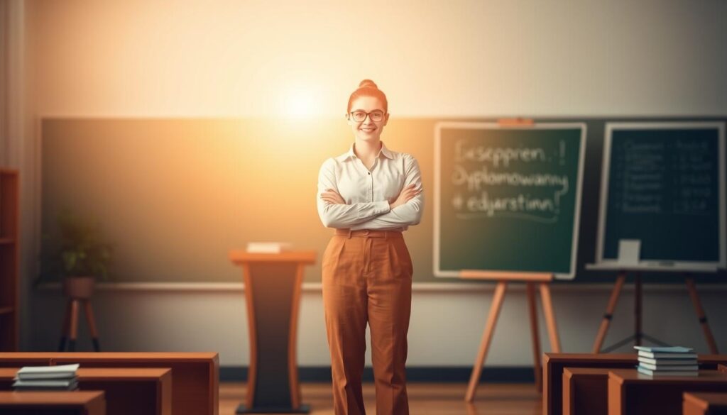 A serene and professional environment with a teacher standing in the center, surrounded by the symbols of educational advancement - a diploma, a podium, and a chalkboard. The lighting is soft and warm, conveying a sense of progress and achievement. The teacher's pose is confident yet approachable, reflecting the growth and expertise gained through the career advancement process. The background is blurred, allowing the focus to remain on the key elements of the teacher's journey towards the coveted "dyplomowany" status. The overall atmosphere is one of accomplishment and the opportunity for increased earnings, as depicted in the article's section title. A serene and professional environment with a teacher standing in the center, surrounded by the symbols of educational advancement - a diploma, a podium, and a chalkboard. The lighting is soft and warm, conveying a sense of progress and achievement. The teacher's pose is confident yet approachable, reflecting the growth and expertise gained through the career advancement process. The background is blurred, allowing the focus to remain on the key elements of the teacher's journey towards the coveted "dyplomowany" status. The overall atmosphere is one of accomplishment and the opportunity for increased earnings, as depicted in the article's section title.