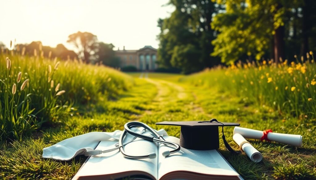 A serene, sun-dappled path winds through a lush, verdant meadow, leading the viewer towards a distant, stately building - the symbol of the medical profession. In the foreground, a doctor's white coat and stethoscope lie atop an open book, representing the rigorous academic journey. Subtle yet meaningful details, such as a mortar board and diploma, are scattered amidst the natural setting, creating a sense of accomplishment and hard-earned expertise. The soft, warm lighting and muted color palette evoke a feeling of tranquility and reflection, inviting the viewer to contemplate the dedication and commitment required to become a family physician. A serene, sun-dappled path winds through a lush, verdant meadow, leading the viewer towards a distant, stately building - the symbol of the medical profession. In the foreground, a doctor's white coat and stethoscope lie atop an open book, representing the rigorous academic journey. Subtle yet meaningful details, such as a mortar board and diploma, are scattered amidst the natural setting, creating a sense of accomplishment and hard-earned expertise. The soft, warm lighting and muted color palette evoke a feeling of tranquility and reflection, inviting the viewer to contemplate the dedication and commitment required to become a family physician.