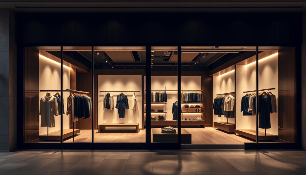 A sleek, modern fashion boutique with a minimalist, high-end aesthetic. The storefront features large windows showcasing artfully arranged clothing displays, drawing the eye inwards. The interior is bathed in warm, directional lighting that casts dramatic shadows, highlighting the premium fabrics and tailored silhouettes. Elegant, contemporary fixtures and fittings complement the clean, pared-back design. Muted, earthy color palettes and natural materials create a sense of refined sophistication. The overall atmosphere exudes an air of exclusivity and refined taste, setting Bik Bok apart from fast fashion competitors. A sleek, modern fashion boutique with a minimalist, high-end aesthetic. The storefront features large windows showcasing artfully arranged clothing displays, drawing the eye inwards. The interior is bathed in warm, directional lighting that casts dramatic shadows, highlighting the premium fabrics and tailored silhouettes. Elegant, contemporary fixtures and fittings complement the clean, pared-back design. Muted, earthy color palettes and natural materials create a sense of refined sophistication. The overall atmosphere exudes an air of exclusivity and refined taste, setting Bik Bok apart from fast fashion competitors.