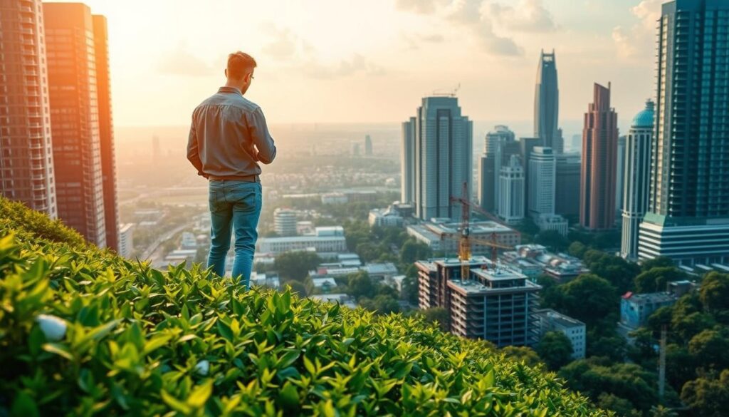 A sprawling cityscape, its skyscrapers reaching towards the sky, serves as the backdrop for a thriving landscape architect's journey. In the foreground, a figure stands amidst lush greenery, their hands guiding the growth of vibrant flora. The middle ground showcases a bustling construction site, where innovative designs take shape, hinting at the opportunities for career advancement. Warm, golden lighting casts a sense of optimism and progress, while a wide-angle lens captures the dynamic interplay between the natural and built environments. This image embodies the endless possibilities for growth and increased earnings within the landscape architecture profession in Poland, as the industry continues to evolve in 2025. A sprawling cityscape, its skyscrapers reaching towards the sky, serves as the backdrop for a thriving landscape architect's journey. In the foreground, a figure stands amidst lush greenery, their hands guiding the growth of vibrant flora. The middle ground showcases a bustling construction site, where innovative designs take shape, hinting at the opportunities for career advancement. Warm, golden lighting casts a sense of optimism and progress, while a wide-angle lens captures the dynamic interplay between the natural and built environments. This image embodies the endless possibilities for growth and increased earnings within the landscape architecture profession in Poland, as the industry continues to evolve in 2025.