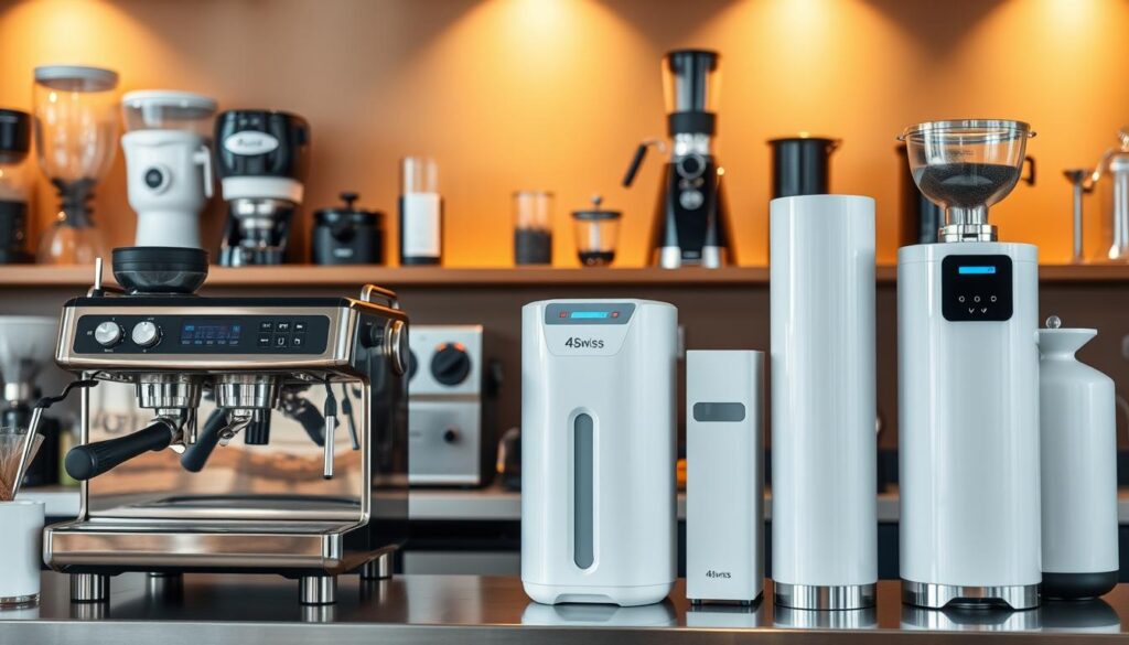 A stylish coffee bar with an array of espresso machines and sleek water filtration systems. The foreground showcases a modern, semi-automatic espresso machine with a gleaming chrome finish, set against a backdrop of various brewing equipment. In the middle ground, a minimalist, white water filter system stands out, its clean lines and digital display panels reflecting the high-end, professional-grade aesthetic. The background features additional coffee paraphernalia, such as grinders and siphon brewers, all bathed in warm, directional lighting that enhances the sophisticated ambiance. The overall scene conveys the 4Swiss brand's dedication to providing top-of-the-line, state-of-the-art coffee and water filtration solutions for discerning professionals and enthusiasts alike. A stylish coffee bar with an array of espresso machines and sleek water filtration systems. The foreground showcases a modern, semi-automatic espresso machine with a gleaming chrome finish, set against a backdrop of various brewing equipment. In the middle ground, a minimalist, white water filter system stands out, its clean lines and digital display panels reflecting the high-end, professional-grade aesthetic. The background features additional coffee paraphernalia, such as grinders and siphon brewers, all bathed in warm, directional lighting that enhances the sophisticated ambiance. The overall scene conveys the 4Swiss brand's dedication to providing top-of-the-line, state-of-the-art coffee and water filtration solutions for discerning professionals and enthusiasts alike.