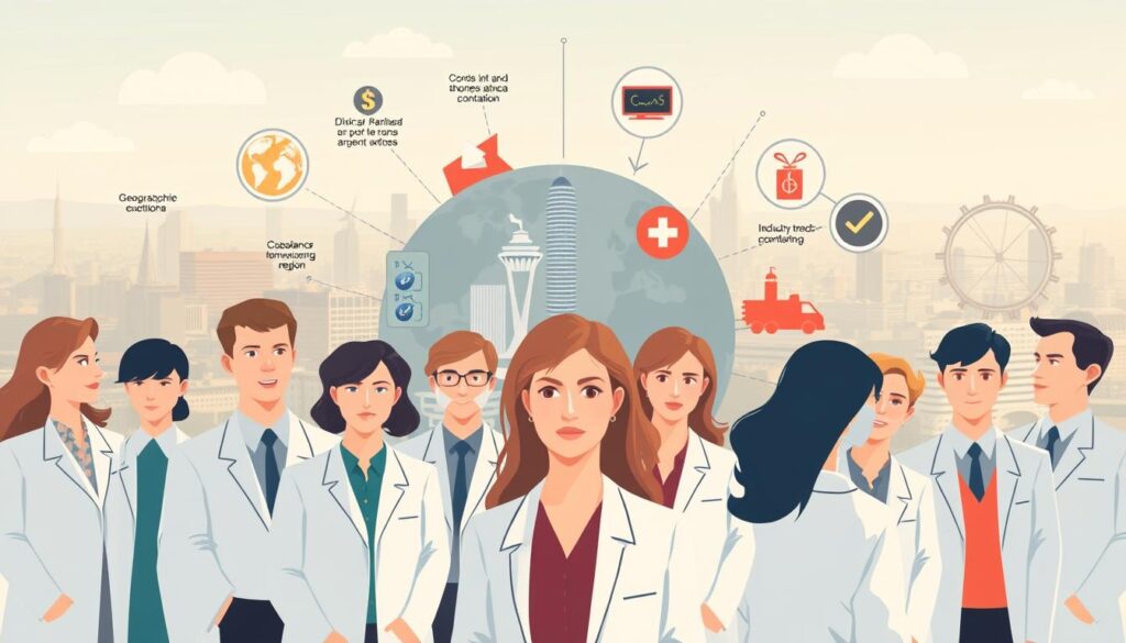 A stylized illustration depicting the key factors that influence salaries of clinical psychologists in Poland. In the foreground, a group of psychologists of varying experience levels, specialties, and working in different types of facilities. In the middle ground, visual metaphors representing factors like geographical region, economic conditions, and industry trends. In the background, a city skyline and landscape, suggesting the broader economic and societal context. The image has a slightly muted, conceptual style with a focus on conveying the nuanced dynamics at play, rather than realism. Warm lighting and a sense of professionalism and expertise permeate the scene. A stylized illustration depicting the key factors that influence salaries of clinical psychologists in Poland. In the foreground, a group of psychologists of varying experience levels, specialties, and working in different types of facilities. In the middle ground, visual metaphors representing factors like geographical region, economic conditions, and industry trends. In the background, a city skyline and landscape, suggesting the broader economic and societal context. The image has a slightly muted, conceptual style with a focus on conveying the nuanced dynamics at play, rather than realism. Warm lighting and a sense of professionalism and expertise permeate the scene.