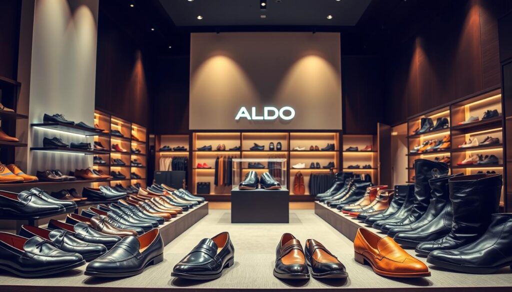 A tastefully curated array of high-quality Aldo footwear, showcased in a well-lit, contemporary retail setting. The foreground features an assortment of stylish women's and men's shoes, ranging from sleek leather loafers to trendy ankle boots, all arranged in an attractive, eye-catching display. The middle ground highlights the diverse materials used in Aldo's craftsmanship, such as supple leathers, smooth suedes, and durable textiles. The background sets the scene with a minimalist, elegant store interior, accentuated by warm, directional lighting that casts a subtle glow on the merchandise. The overall composition conveys Aldo's reputation for providing fashionable, high-quality footwear options for both genders. A tastefully curated array of high-quality Aldo footwear, showcased in a well-lit, contemporary retail setting. The foreground features an assortment of stylish women's and men's shoes, ranging from sleek leather loafers to trendy ankle boots, all arranged in an attractive, eye-catching display. The middle ground highlights the diverse materials used in Aldo's craftsmanship, such as supple leathers, smooth suedes, and durable textiles. The background sets the scene with a minimalist, elegant store interior, accentuated by warm, directional lighting that casts a subtle glow on the merchandise. The overall composition conveys Aldo's reputation for providing fashionable, high-quality footwear options for both genders.