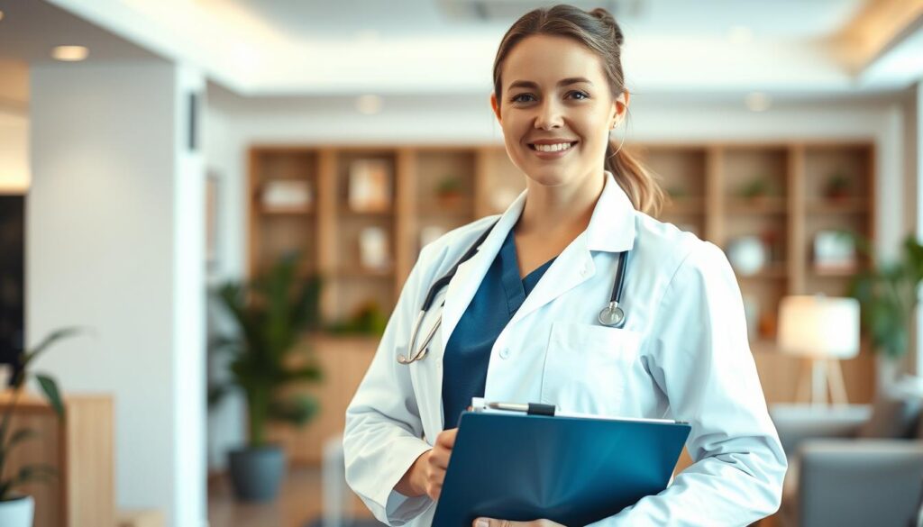 A well-dressed medical caregiver, standing in a warm, inviting office setting. The caregiver wears a crisp, white lab coat and carries a clipboard, exuding a sense of professionalism and expertise. The background features clean, modern furnishings and soft, diffused lighting, creating a calming and approachable atmosphere. The scene conveys a sense of care, competence, and the importance of the medical caregiver's role, reflecting the new minimum wage for this profession in Poland. A well-dressed medical caregiver, standing in a warm, inviting office setting. The caregiver wears a crisp, white lab coat and carries a clipboard, exuding a sense of professionalism and expertise. The background features clean, modern furnishings and soft, diffused lighting, creating a calming and approachable atmosphere. The scene conveys a sense of care, competence, and the importance of the medical caregiver's role, reflecting the new minimum wage for this profession in Poland.