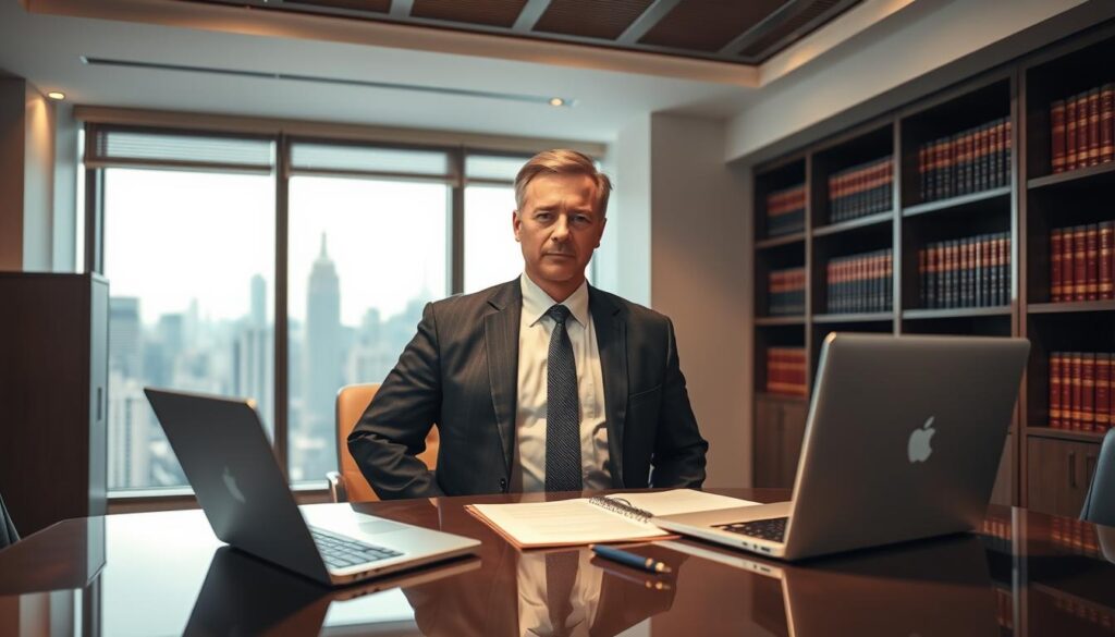 A well-dressed prosecutor standing in a modern, minimalist office, illuminated by warm, directional lighting. In the foreground, a sleek, polished desk with a laptop, pen, and neatly organized documents. The prosecutor's expression is focused, conveying a sense of professionalism and authority. In the middle ground, law books line the shelves, and a window offers a view of a bustling city skyline. The overall mood is one of competence, efficiency, and the weight of responsibility that comes with the prosecutor's role. A well-dressed prosecutor standing in a modern, minimalist office, illuminated by warm, directional lighting. In the foreground, a sleek, polished desk with a laptop, pen, and neatly organized documents. The prosecutor's expression is focused, conveying a sense of professionalism and authority. In the middle ground, law books line the shelves, and a window offers a view of a bustling city skyline. The overall mood is one of competence, efficiency, and the weight of responsibility that comes with the prosecutor's role.