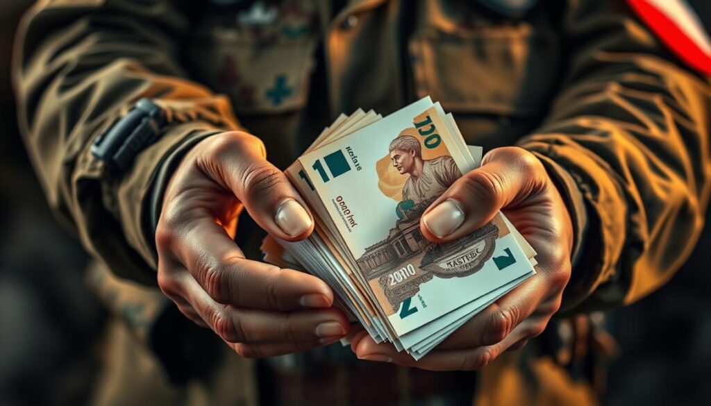 A well-lit, closeup shot of a Polish soldier's hands holding a stack of Polish zloty banknotes, representing the increased pay from the 2025 military pay raise. The scene is set against a blurred background of military uniforms and equipment, conveying a sense of professionalism and authority. The lighting is warm and direct, highlighting the texture of the money and the soldier's weathered hands, creating a sense of tangibility and weight to the financial impact of the pay increase. The composition draws the viewer's eye to the money, emphasizing the central role of the 2025 pay raise in the life of the Polish army private. A well-lit, closeup shot of a Polish soldier's hands holding a stack of Polish zloty banknotes, representing the increased pay from the 2025 military pay raise. The scene is set against a blurred background of military uniforms and equipment, conveying a sense of professionalism and authority. The lighting is warm and direct, highlighting the texture of the money and the soldier's weathered hands, creating a sense of tangibility and weight to the financial impact of the pay increase. The composition draws the viewer's eye to the money, emphasizing the central role of the 2025 pay raise in the life of the Polish army private.