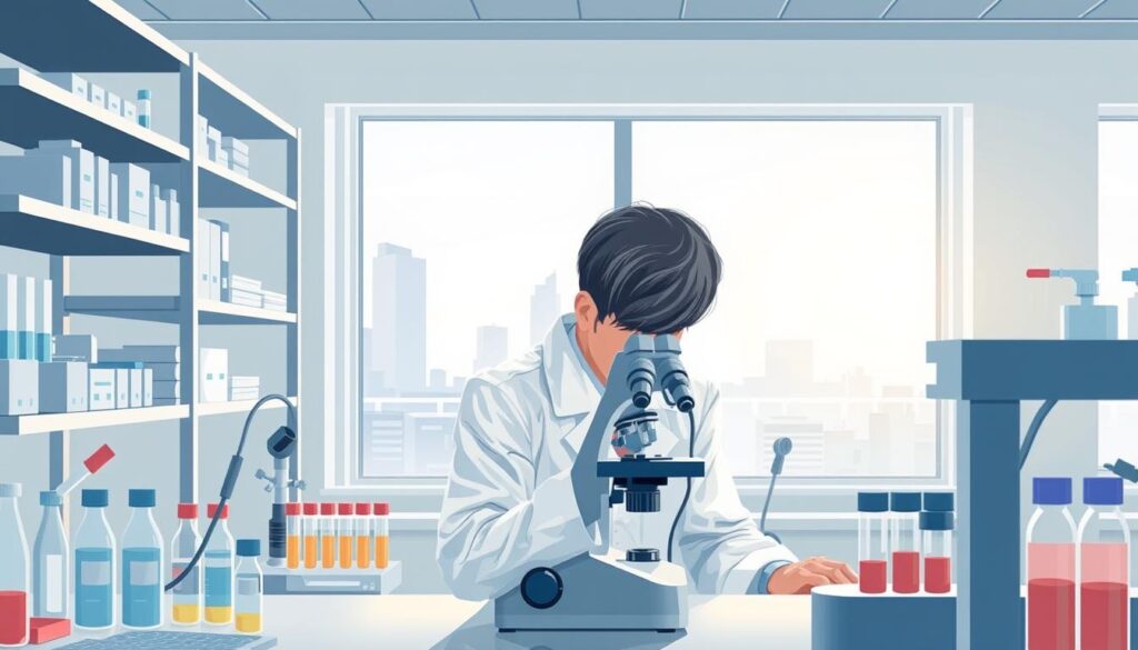A well-lit, detailed illustration depicting the experience and skills of a laboratory diagnostician in Poland. In the foreground, a diagnostician in a white lab coat examines a sample under a high-powered microscope, their face obscured in deep concentration. In the middle ground, shelves of analytical equipment and test tubes create a sense of a modern, well-equipped laboratory. The background features a window overlooking a cityscape, suggesting the diagnostician's work contributes to the broader medical field. The scene conveys a sense of professionalism, precision, and the vital role diagnosticians play in healthcare, reflecting the subject's impact on their compensation. A well-lit, detailed illustration depicting the experience and skills of a laboratory diagnostician in Poland. In the foreground, a diagnostician in a white lab coat examines a sample under a high-powered microscope, their face obscured in deep concentration. In the middle ground, shelves of analytical equipment and test tubes create a sense of a modern, well-equipped laboratory. The background features a window overlooking a cityscape, suggesting the diagnostician's work contributes to the broader medical field. The scene conveys a sense of professionalism, precision, and the vital role diagnosticians play in healthcare, reflecting the subject's impact on their compensation.