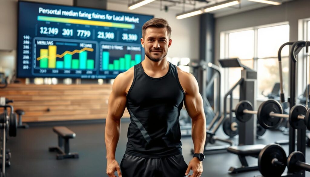A well-lit, high-quality photograph of a personal trainer standing in a modern fitness studio, surrounded by weightlifting equipment and exercise machines. The trainer is wearing athletic clothing and has a confident, professional demeanor. In the background, there are charts, graphs, and statistics displayed on a large screen, depicting the current median and range of earnings for personal trainers in the local market. The overall atmosphere conveys a sense of expertise, success, and the potential for financial rewards in the personal training industry. A well-lit, high-quality photograph of a personal trainer standing in a modern fitness studio, surrounded by weightlifting equipment and exercise machines. The trainer is wearing athletic clothing and has a confident, professional demeanor. In the background, there are charts, graphs, and statistics displayed on a large screen, depicting the current median and range of earnings for personal trainers in the local market. The overall atmosphere conveys a sense of expertise, success, and the potential for financial rewards in the personal training industry.