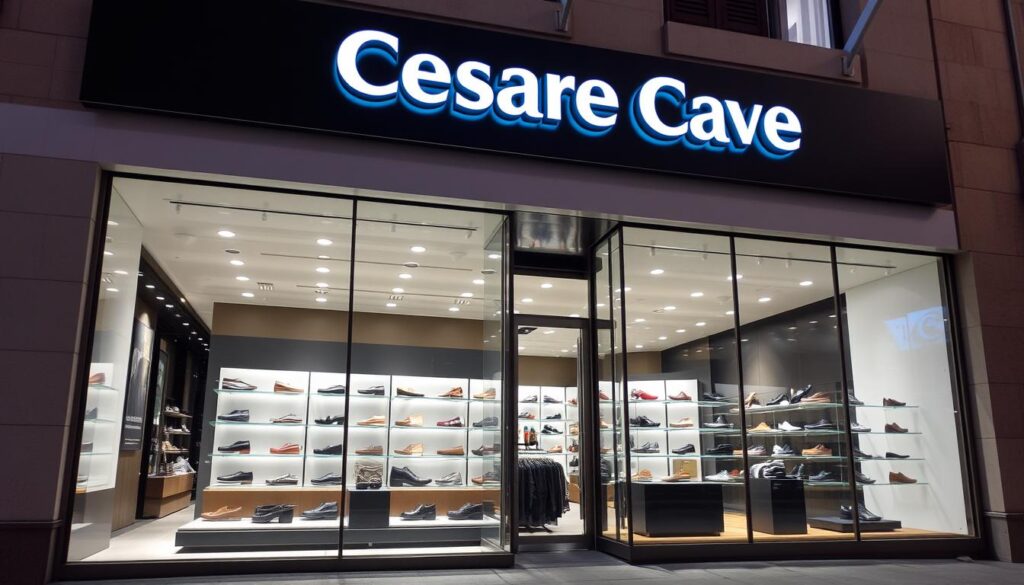 A well-lit, high-quality photograph of a store front or retail display showcasing the Cesare Cave brand of shoes. The storefront should have a clean, modern aesthetic with prominent signage and branding. The interior should be visible through large display windows, revealing neatly arranged shelves and racks displaying a variety of Cesare Cave shoe models. The lighting should be bright and even, creating a welcoming atmosphere. The angle should be slightly elevated to capture the full storefront and provide context for the location. The overall mood should convey a sense of quality, style, and accessibility for the Cesare Cave brand. A well-lit, high-quality photograph of a store front or retail display showcasing the Cesare Cave brand of shoes. The storefront should have a clean, modern aesthetic with prominent signage and branding. The interior should be visible through large display windows, revealing neatly arranged shelves and racks displaying a variety of Cesare Cave shoe models. The lighting should be bright and even, creating a welcoming atmosphere. The angle should be slightly elevated to capture the full storefront and provide context for the location. The overall mood should convey a sense of quality, style, and accessibility for the Cesare Cave brand.