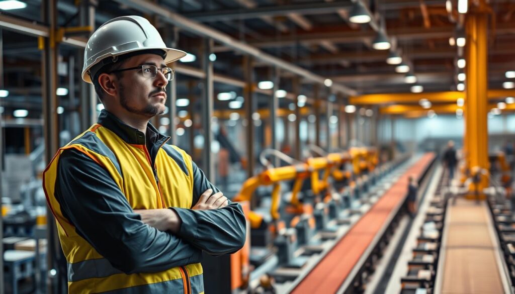 A well-lit, high-resolution image of a factory production manager meticulously overseeing the assembly line. The manager, wearing a hard hat and safety vest, stands in the foreground, arms crossed, observing the workers and machinery with a serious, focused expression. In the middle ground, the bustling production floor comes into view, with conveyor belts, robotic arms, and workers diligently performing their tasks. The background features the industrial setting, with towering steel structures, exposed pipes, and a sense of organized chaos. The lighting is a mix of warm, overhead lighting and cool, directional lighting, creating depth and highlighting the details of the scene. The overall tone conveys a sense of efficiency, productivity, and the importance of the production manager's role in ensuring a smooth and successful operation. A well-lit, high-resolution image of a factory production manager meticulously overseeing the assembly line. The manager, wearing a hard hat and safety vest, stands in the foreground, arms crossed, observing the workers and machinery with a serious, focused expression. In the middle ground, the bustling production floor comes into view, with conveyor belts, robotic arms, and workers diligently performing their tasks. The background features the industrial setting, with towering steel structures, exposed pipes, and a sense of organized chaos. The lighting is a mix of warm, overhead lighting and cool, directional lighting, creating depth and highlighting the details of the scene. The overall tone conveys a sense of efficiency, productivity, and the importance of the production manager's role in ensuring a smooth and successful operation.