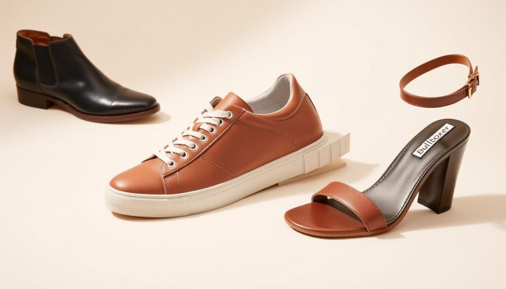 A well-lit, high-resolution product shot of a variety of Bullboxer women's shoes, including a classic low-heel ankle boot, a sleek leather sneaker, and a stylish heeled sandal, all arranged in a visually appealing composition on a clean, neutral background. The shoes should have a premium, high-quality appearance, showcasing the brand's attention to detail and craftsmanship. The overall mood should be sophisticated and contemporary, reflecting the versatility and fashionable appeal of the Bullboxer brand. A well-lit, high-resolution product shot of a variety of Bullboxer women's shoes, including a classic low-heel ankle boot, a sleek leather sneaker, and a stylish heeled sandal, all arranged in a visually appealing composition on a clean, neutral background. The shoes should have a premium, high-quality appearance, showcasing the brand's attention to detail and craftsmanship. The overall mood should be sophisticated and contemporary, reflecting the versatility and fashionable appeal of the Bullboxer brand.