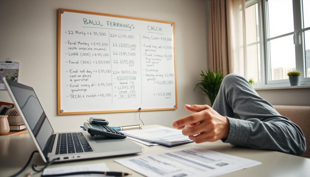 A well-lit home office scene, with a desk featuring a laptop, calculator, and financial documents. In the foreground, a person's hands using the calculator, their expression focused as they calculate their real earnings. The middle ground showcases a wall-mounted whiteboard or chalkboard, with handwritten notes and calculations related to budgeting and cost considerations. The background depicts a window overlooking a cityscape, suggesting the broader financial context. The overall mood is one of thoughtful analysis and financial planning, with a touch of professionalism. A well-lit home office scene, with a desk featuring a laptop, calculator, and financial documents. In the foreground, a person's hands using the calculator, their expression focused as they calculate their real earnings. The middle ground showcases a wall-mounted whiteboard or chalkboard, with handwritten notes and calculations related to budgeting and cost considerations. The background depicts a window overlooking a cityscape, suggesting the broader financial context. The overall mood is one of thoughtful analysis and financial planning, with a touch of professionalism.