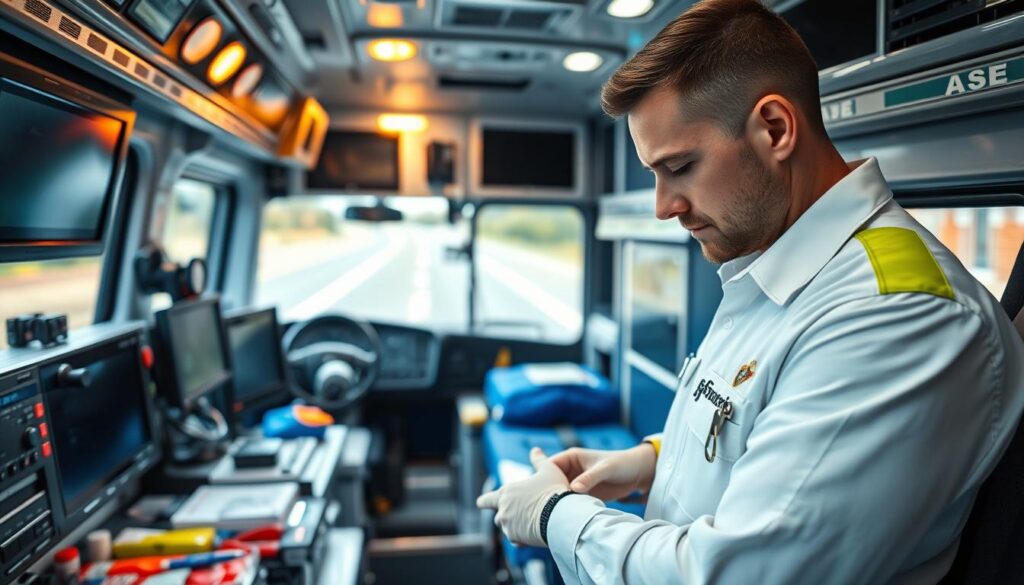 A well-lit interior of an emergency medical response vehicle, with a focus on the workspace and equipment of a hardworking paramedic. The foreground depicts a paramedic in a crisp uniform, carefully examining medical supplies and tools. In the middle ground, the cabin of the ambulance is visible, showcasing the various monitoring screens, communication devices, and storage compartments that enable the paramedic to provide critical care. The background offers a glimpse of the road outside, hinting at the urgency and unpredictability of the job. The overall scene conveys a sense of professionalism, dedication, and the important role of paramedics in safeguarding the health and well-being of the community. A well-lit interior of an emergency medical response vehicle, with a focus on the workspace and equipment of a hardworking paramedic. The foreground depicts a paramedic in a crisp uniform, carefully examining medical supplies and tools. In the middle ground, the cabin of the ambulance is visible, showcasing the various monitoring screens, communication devices, and storage compartments that enable the paramedic to provide critical care. The background offers a glimpse of the road outside, hinting at the urgency and unpredictability of the job. The overall scene conveys a sense of professionalism, dedication, and the important role of paramedics in safeguarding the health and well-being of the community.