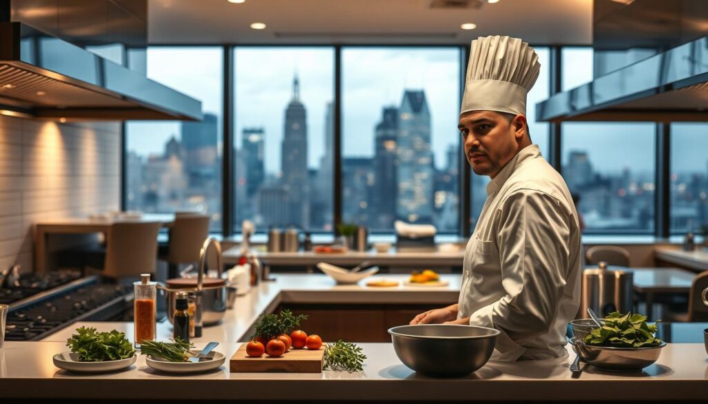 A well-lit kitchen interior, with modern appliances and sleek countertops. In the foreground, a professional chef stands behind the counter, wearing a crisp white uniform and toque. The chef's face is in focus, with a contemplative expression as they prepare a dish. The middle ground features various cooking utensils, herbs, and spices neatly arranged, conveying a sense of precision and expertise. The background showcases a panoramic view of the city skyline through large windows, hinting at the chef's high-end establishment. The lighting is warm and inviting, creating a comfortable and productive atmosphere. The overall scene evokes a sense of culinary mastery and the financial success associated with being a skilled chef in a major metropolitan area. A well-lit kitchen interior, with modern appliances and sleek countertops. In the foreground, a professional chef stands behind the counter, wearing a crisp white uniform and toque. The chef's face is in focus, with a contemplative expression as they prepare a dish. The middle ground features various cooking utensils, herbs, and spices neatly arranged, conveying a sense of precision and expertise. The background showcases a panoramic view of the city skyline through large windows, hinting at the chef's high-end establishment. The lighting is warm and inviting, creating a comfortable and productive atmosphere. The overall scene evokes a sense of culinary mastery and the financial success associated with being a skilled chef in a major metropolitan area.