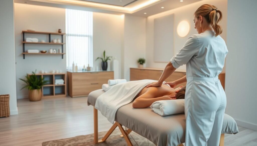 A well-lit, modern massage therapy studio. In the foreground, a professional masseuse wearing a crisp white uniform performs a soothing Swedish massage on a relaxed client resting on a padded table. Soft lighting and clean, minimalist decor create a serene, spa-like atmosphere. The mid-ground showcases various massage tools and products, while the background reveals a reception area with a minimalist wooden desk and tasteful plant decor. The overall scene conveys the high-quality, premium services and relaxing ambiance of an upscale massage practice. A well-lit, modern massage therapy studio. In the foreground, a professional masseuse wearing a crisp white uniform performs a soothing Swedish massage on a relaxed client resting on a padded table. Soft lighting and clean, minimalist decor create a serene, spa-like atmosphere. The mid-ground showcases various massage tools and products, while the background reveals a reception area with a minimalist wooden desk and tasteful plant decor. The overall scene conveys the high-quality, premium services and relaxing ambiance of an upscale massage practice.