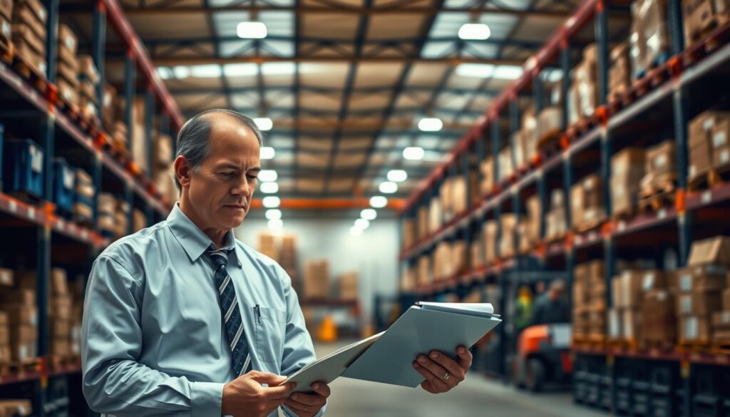 A well-lit, modern warehouse interior with rows of shelves and crates. In the foreground, a focused middle-aged man wearing a collared shirt and tie stands examining a clipboard, representing the warehouse manager. Behind him, the scale and size of the warehouse gradually unfolds, with forklifts and workers in the distance, suggesting the correlation between manager's salary and the enterprise's size. Warm lighting from overhead fixtures casts a professional, authoritative atmosphere. The scene conveys the nuanced relationship between the warehouse manager's position and the company's operations. A well-lit, modern warehouse interior with rows of shelves and crates. In the foreground, a focused middle-aged man wearing a collared shirt and tie stands examining a clipboard, representing the warehouse manager. Behind him, the scale and size of the warehouse gradually unfolds, with forklifts and workers in the distance, suggesting the correlation between manager's salary and the enterprise's size. Warm lighting from overhead fixtures casts a professional, authoritative atmosphere. The scene conveys the nuanced relationship between the warehouse manager's position and the company's operations.