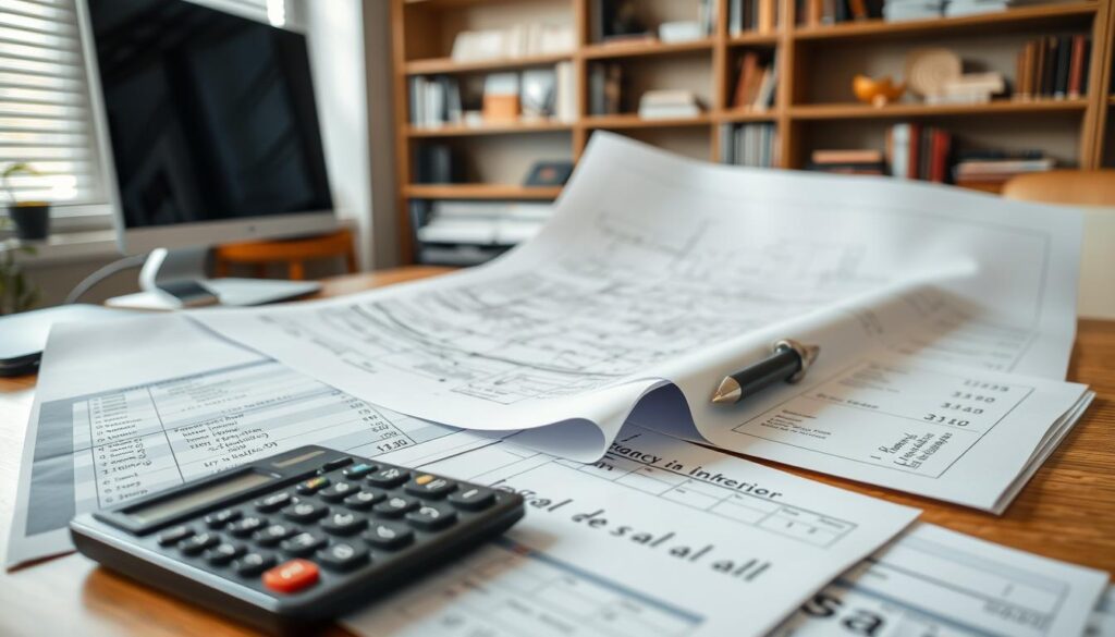 A well-lit office interior with a desk, computer, and financial documents spread out. In the foreground, a calculator and some carefully annotated spreadsheets depicting projected revenue, expenses, and profit margins for an interior design project. In the middle ground, a design plan or blueprint with sketches and measurements. The background features shelves of design reference books and samples of materials and finishes. The overall mood is focused, analytical, and professional, conveying the careful planning and financial considerations that go into a successful interior design business. A well-lit office interior with a desk, computer, and financial documents spread out. In the foreground, a calculator and some carefully annotated spreadsheets depicting projected revenue, expenses, and profit margins for an interior design project. In the middle ground, a design plan or blueprint with sketches and measurements. The background features shelves of design reference books and samples of materials and finishes. The overall mood is focused, analytical, and professional, conveying the careful planning and financial considerations that go into a successful interior design business.
