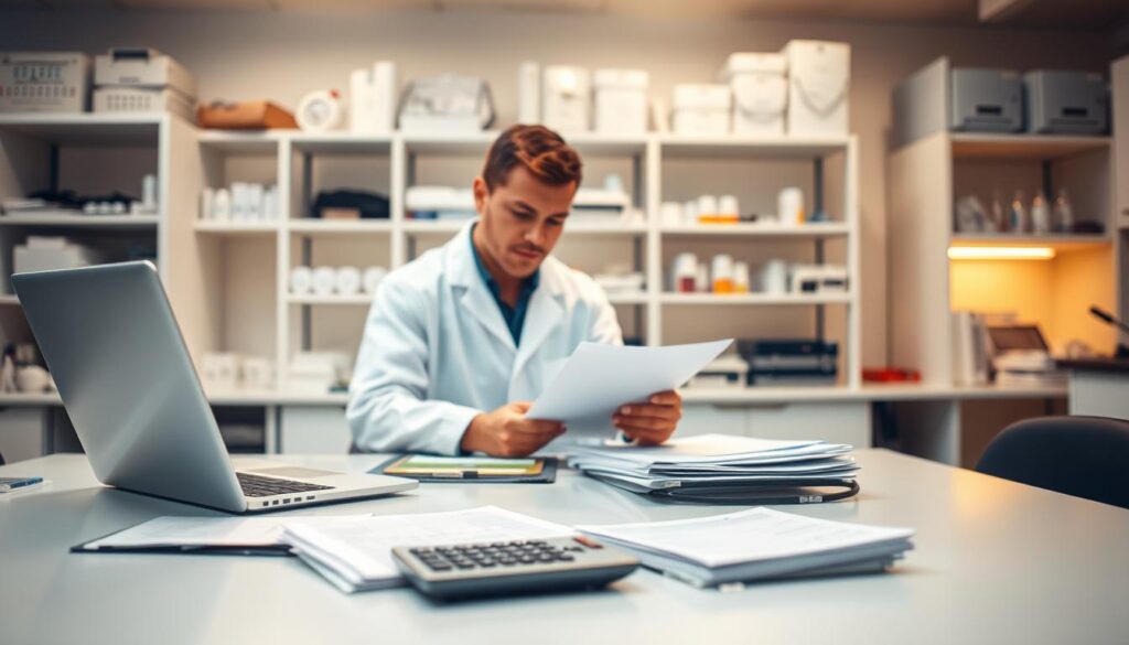 A well-lit office interior with a desk in the foreground featuring a laptop, stacks of documents, and a calculator. In the middle ground, a person in a white lab coat sits at the desk, intently focused on reviewing financial records. The background showcases shelves of medical equipment and supplies, hinting at the professional laboratory setting. The lighting is warm and inviting, creating a sense of productivity and diligence. The overall atmosphere conveys the hardworking nature and financial considerations of a laboratory diagnostician's role. A well-lit office interior with a desk in the foreground featuring a laptop, stacks of documents, and a calculator. In the middle ground, a person in a white lab coat sits at the desk, intently focused on reviewing financial records. The background showcases shelves of medical equipment and supplies, hinting at the professional laboratory setting. The lighting is warm and inviting, creating a sense of productivity and diligence. The overall atmosphere conveys the hardworking nature and financial considerations of a laboratory diagnostician's role.