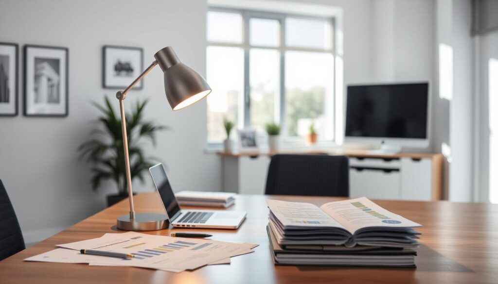 A well-lit office interior with a focus on a desk showcasing cost-saving strategies for reducing business electricity bills. The desk is adorned with a stylish desk lamp, a laptop, and various financial documents. In the background, a large window provides natural lighting, and the walls feature minimalist decor, creating a professional and efficient atmosphere. The overall scene conveys a sense of organization, attention to detail, and a focus on optimizing energy consumption to lower operational costs for the company. A well-lit office interior with a focus on a desk showcasing cost-saving strategies for reducing business electricity bills. The desk is adorned with a stylish desk lamp, a laptop, and various financial documents. In the background, a large window provides natural lighting, and the walls feature minimalist decor, creating a professional and efficient atmosphere. The overall scene conveys a sense of organization, attention to detail, and a focus on optimizing energy consumption to lower operational costs for the company.