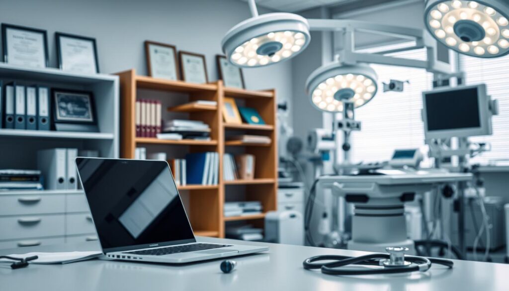 A well-lit, professional medical office interior. In the foreground, a desk with a laptop and stethoscope, representing the work of an anesthesiologist. The middle ground features a bookshelf with medical texts and certificates, conveying the educational and specialized training required. The background showcases high-tech medical equipment, suggesting the advanced technology and procedures anesthesiologists utilize. The overall scene exudes an atmosphere of expertise, precision, and the financial rewards of this essential healthcare role. A well-lit, professional medical office interior. In the foreground, a desk with a laptop and stethoscope, representing the work of an anesthesiologist. The middle ground features a bookshelf with medical texts and certificates, conveying the educational and specialized training required. The background showcases high-tech medical equipment, suggesting the advanced technology and procedures anesthesiologists utilize. The overall scene exudes an atmosphere of expertise, precision, and the financial rewards of this essential healthcare role.