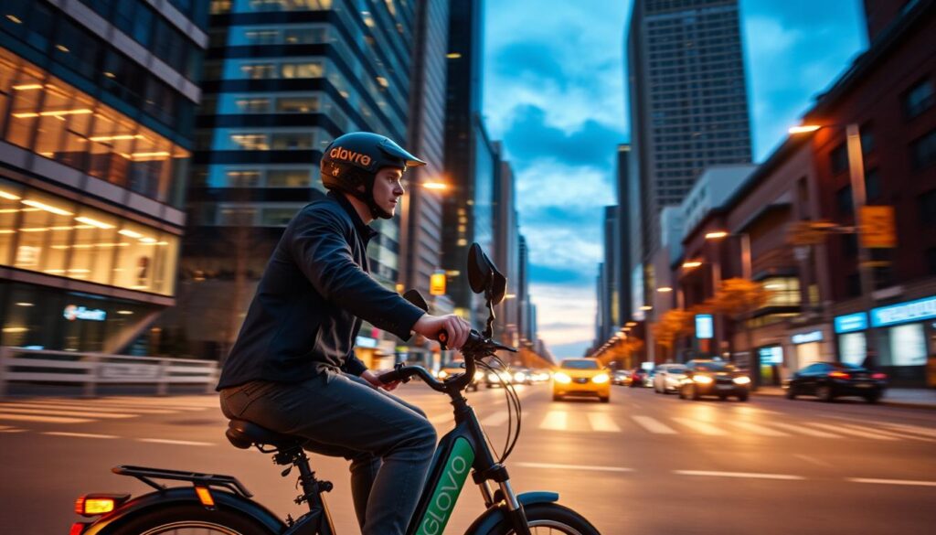 A well-lit urban street at dusk, showcasing a Glovo courier on an electric bike zipping through the bustling city. The courier's uniform is crisp and professional, their face partially obscured by a helmet. In the background, modern high-rise buildings cast long shadows, hinting at the dynamic and fast-paced nature of the on-demand delivery industry. The scene conveys a sense of efficiency, technological advancement, and the growing prominence of gig economy platforms like Glovo in the year 2025. The lighting is warm and atmospheric, creating a visually striking and immersive image. A well-lit urban street at dusk, showcasing a Glovo courier on an electric bike zipping through the bustling city. The courier's uniform is crisp and professional, their face partially obscured by a helmet. In the background, modern high-rise buildings cast long shadows, hinting at the dynamic and fast-paced nature of the on-demand delivery industry. The scene conveys a sense of efficiency, technological advancement, and the growing prominence of gig economy platforms like Glovo in the year 2025. The lighting is warm and atmospheric, creating a visually striking and immersive image.
