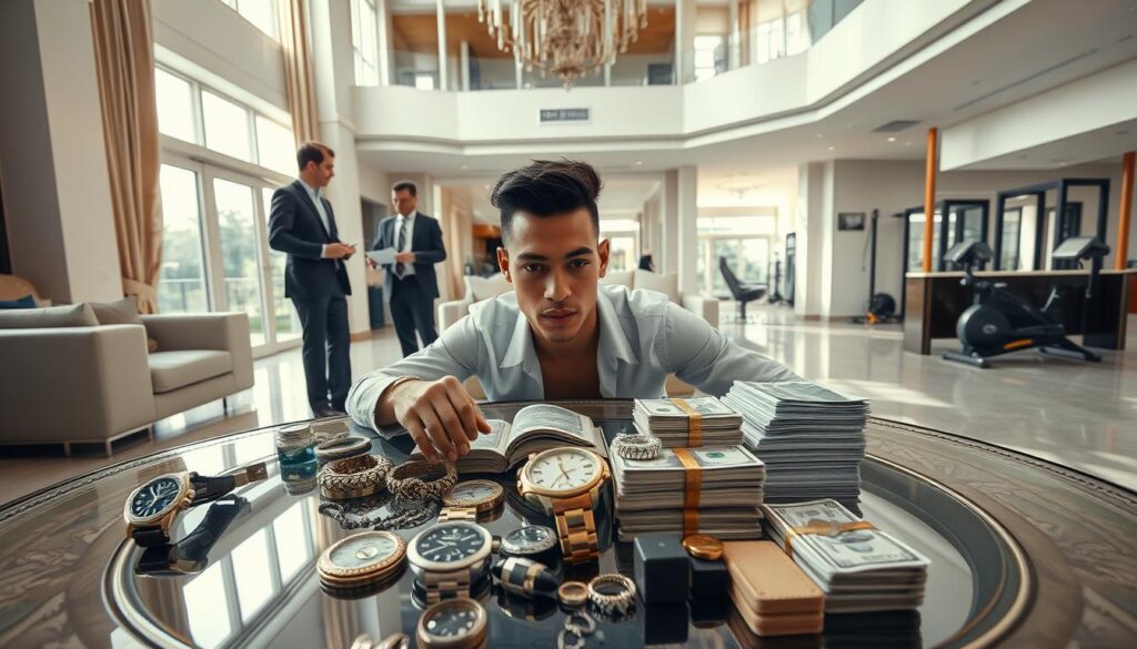 A wide-angle photograph of Neymar's luxurious home interior, showcasing the various sources of his substantial income. Bright, natural lighting filters through floor-to-ceiling windows, illuminating a spacious living room with high ceilings and sleek, modern furnishings. In the foreground, an ornate, glass-topped coffee table displays various luxurious items such as designer watches, jewelry, and stacks of cash, symbolizing Neymar's lavish lifestyle. In the middle ground, a team of accountants and financial advisors review financial documents, highlighting the complexities of managing Neymar's extensive portfolio and tax obligations. The background features a home gym, where Neymar's physical training and endorsement deals contribute to his overall wealth. The scene conveys a sense of affluence, power, and the intricate financial considerations that come with Neymar's high-profile career. A wide-angle photograph of Neymar's luxurious home interior, showcasing the various sources of his substantial income. Bright, natural lighting filters through floor-to-ceiling windows, illuminating a spacious living room with high ceilings and sleek, modern furnishings. In the foreground, an ornate, glass-topped coffee table displays various luxurious items such as designer watches, jewelry, and stacks of cash, symbolizing Neymar's lavish lifestyle. In the middle ground, a team of accountants and financial advisors review financial documents, highlighting the complexities of managing Neymar's extensive portfolio and tax obligations. The background features a home gym, where Neymar's physical training and endorsement deals contribute to his overall wealth. The scene conveys a sense of affluence, power, and the intricate financial considerations that come with Neymar's high-profile career.