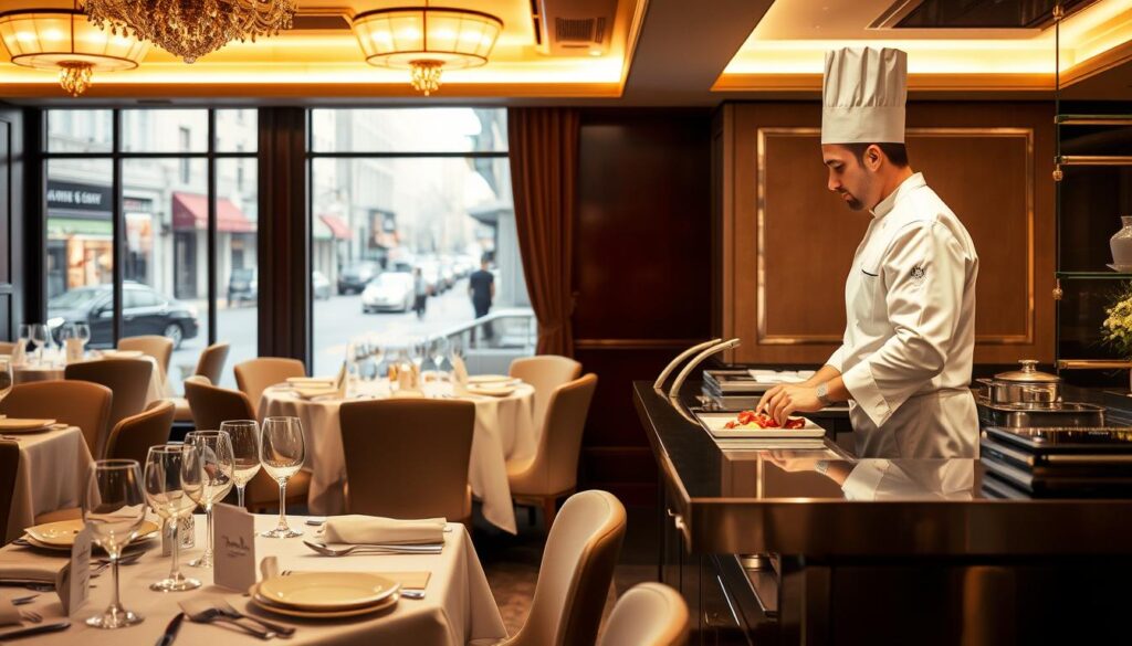 Elegant restaurant interior with white tablecloths, fine china, and crystal glassware. A skilled chef in a crisp white uniform stands behind a stainless steel counter, chopping fresh ingredients. Warm lighting casts a soft glow over the scene, highlighting the culinary craft and attention to detail. In the background, a large window offers a view of a bustling city street, hinting at the restaurant's prestigious location. The overall atmosphere conveys a sense of prestige, experience, and the influence of factors like location, reputation, and employment status on chef's compensation. Elegant restaurant interior with white tablecloths, fine china, and crystal glassware. A skilled chef in a crisp white uniform stands behind a stainless steel counter, chopping fresh ingredients. Warm lighting casts a soft glow over the scene, highlighting the culinary craft and attention to detail. In the background, a large window offers a view of a bustling city street, hinting at the restaurant's prestigious location. The overall atmosphere conveys a sense of prestige, experience, and the influence of factors like location, reputation, and employment status on chef's compensation.