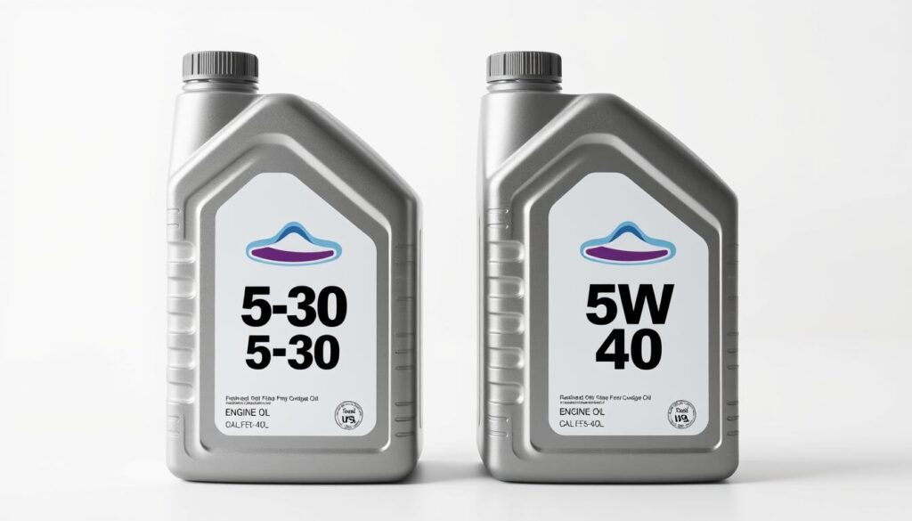 Meticulously rendered high-definition photo of two engine oil bottles, one labeled "5W-30" and the other "5W-40", positioned side by side on a plain white background. The bottles are shown in perfect focus, with the labels clearly legible and the textures of the plastic containers and metallic caps captured in exquisite detail. The lighting is soft and even, creating a clean, minimalist aesthetic that emphasizes the technical nature of the subject. The camera angle is straight-on, providing a clear, unobstructed view of the bottles. The overall composition is balanced and visually striking, conveying a sense of precision and the importance of properly mixing engine oils. Meticulously rendered high-definition photo of two engine oil bottles, one labeled "5W-30" and the other "5W-40", positioned side by side on a plain white background. The bottles are shown in perfect focus, with the labels clearly legible and the textures of the plastic containers and metallic caps captured in exquisite detail. The lighting is soft and even, creating a clean, minimalist aesthetic that emphasizes the technical nature of the subject. The camera angle is straight-on, providing a clear, unobstructed view of the bottles. The overall composition is balanced and visually striking, conveying a sense of precision and the importance of properly mixing engine oils.